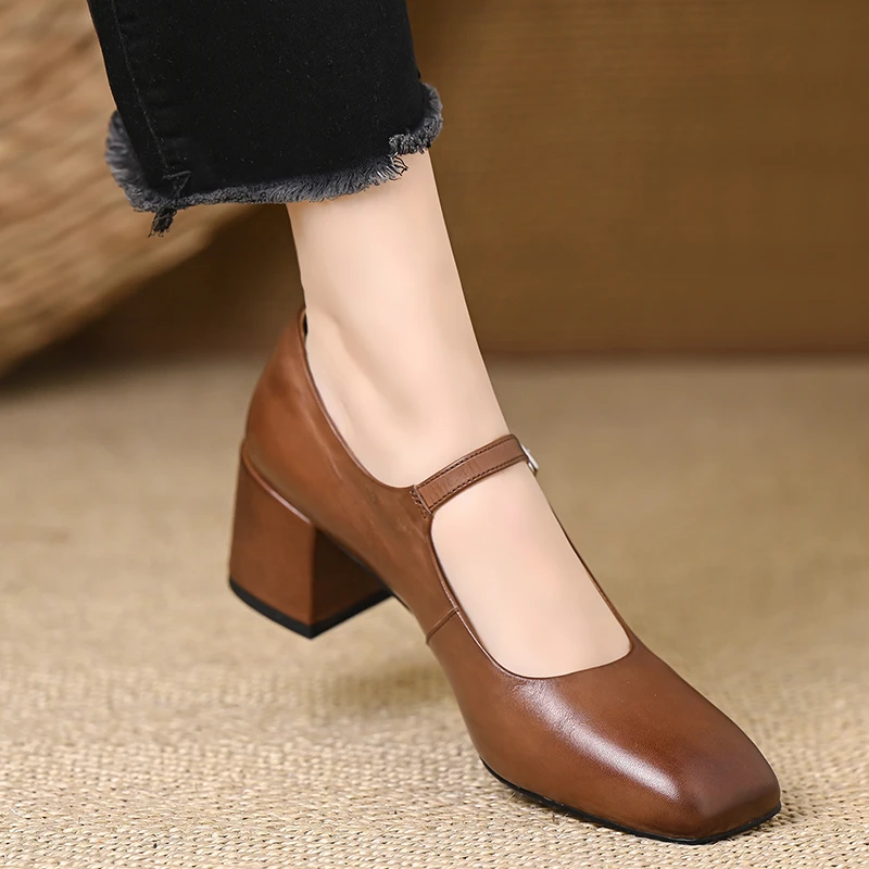 轩玥情女鞋5厘米复古头层牛皮浅口粗跟单鞋百搭通勤玛丽珍高跟鞋