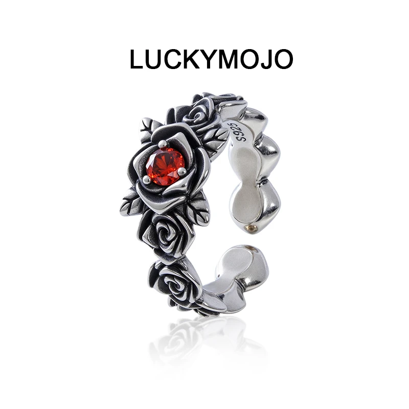 LUCKYMOJO 925银戒指 复古做旧银玫瑰戒指男女时尚小众个性重工