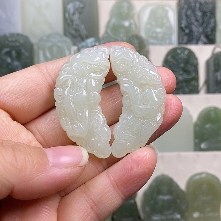 和田玉未镶嵌颈饰和田玉心心相印龙凤对