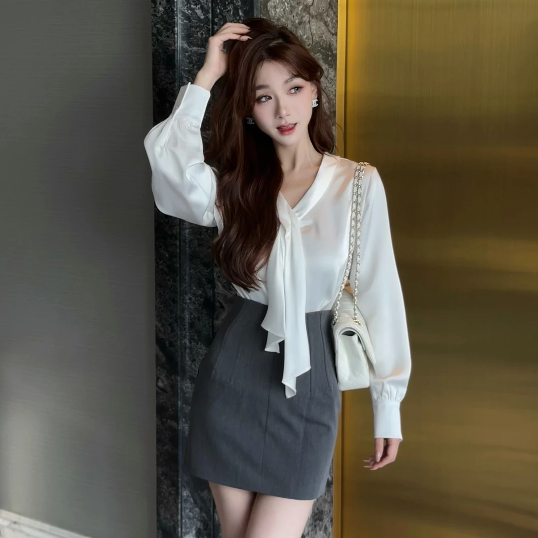 【律政佳人】法式垫肩长袖衬衫女秋季衬衣系带通勤上衣