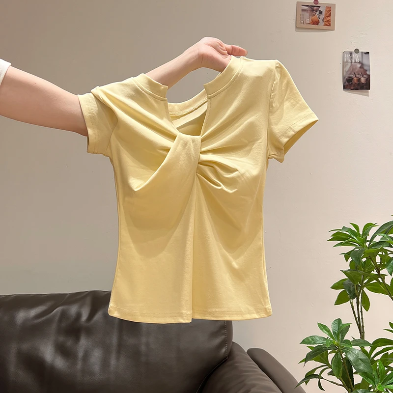韩系甜美多巴胺半开V领褶皱短袖T恤女夏季新款设计感修身纯欲上衣
