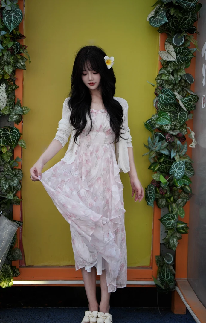 【冉冉专属】夏季吊带高腰娃娃领连衣裙温柔风长裙长款甜美碎花裙子