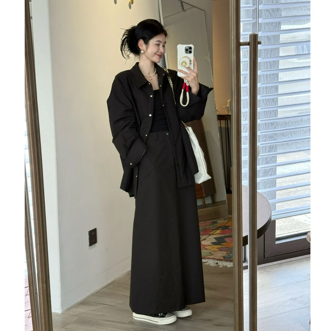 秋冬设计款棉服套装夹棉衬衣外套女+A字半身裙