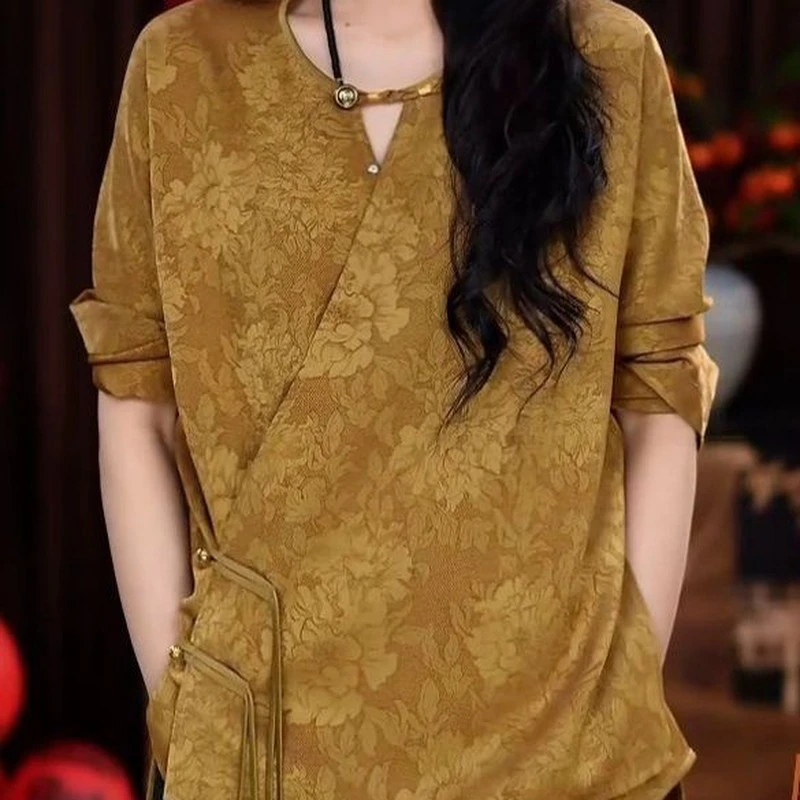 高级大码新款斜襟国风宽松圆领春季提花衬衫中式衬衣2025复古长袖