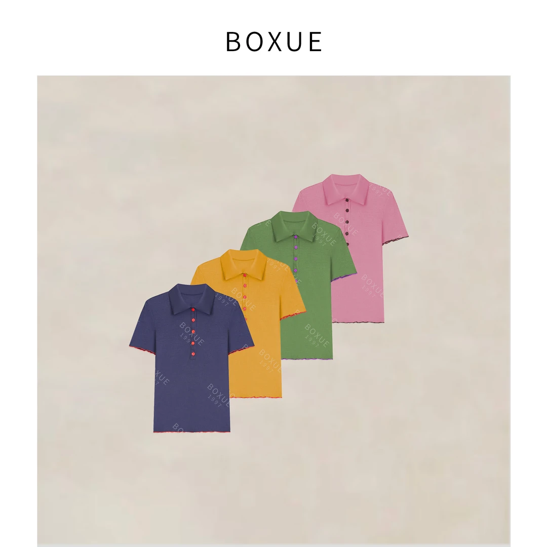 BOXUE ”清影“ 2025春季新款高级感天.丝红扣轻奢 T恤#250408T1651