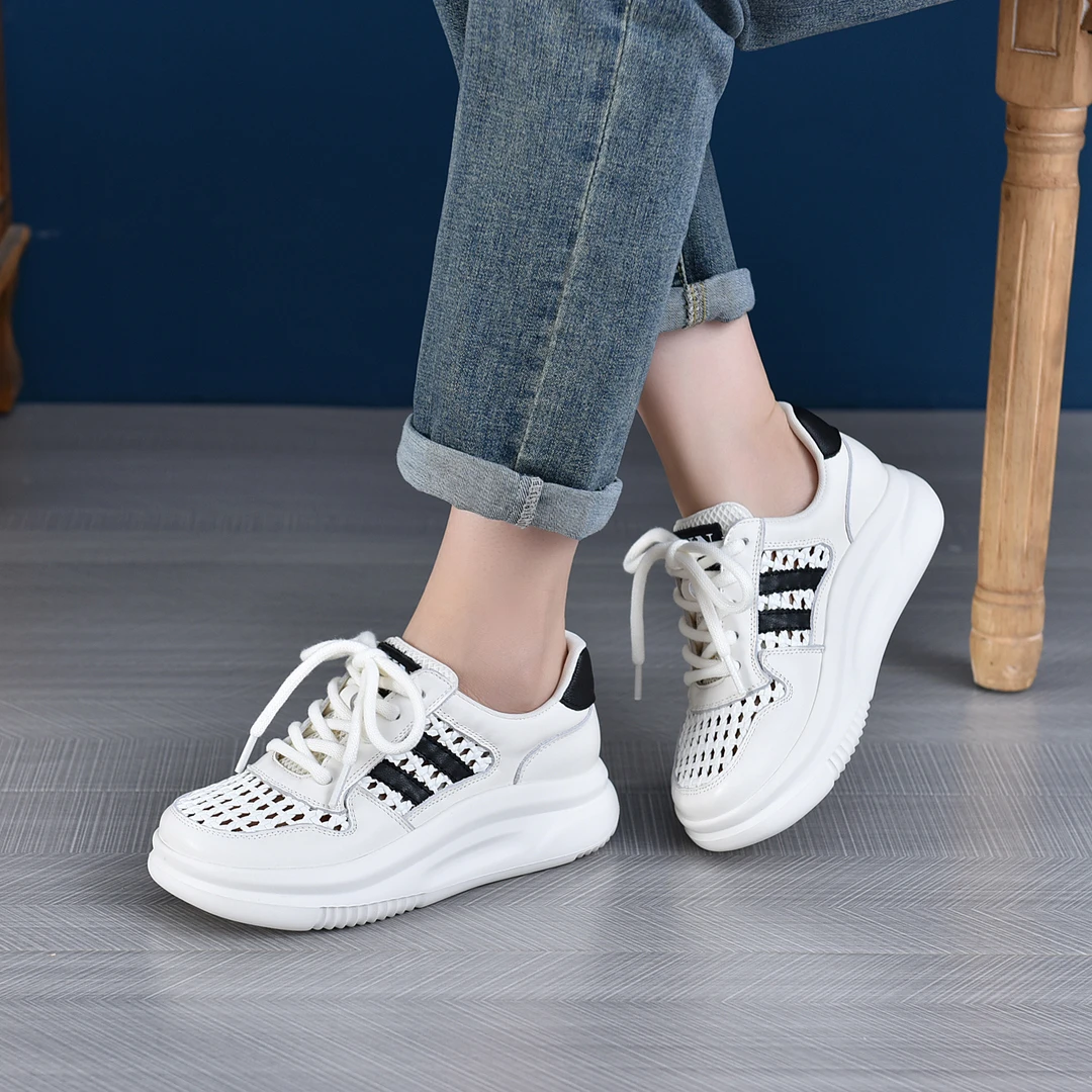 透气百搭2025夏季新款舒适编织软底防滑头层牛皮休闲运动厚底女鞋