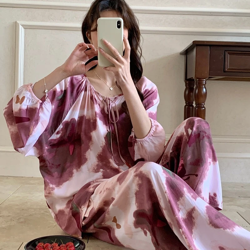 法式宫廷风棉绸睡衣女春夏季甜美碎花高级感带大码家居服套装外穿