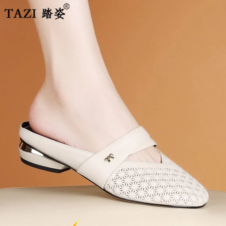 真皮半包头穆勒拖鞋女平跟时尚外穿镂空透气夏季凉鞋2025新款百搭