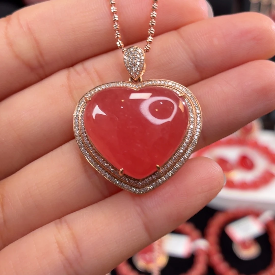 菱锰矿（红纹石）18K金镶嵌吊坠(不含链)