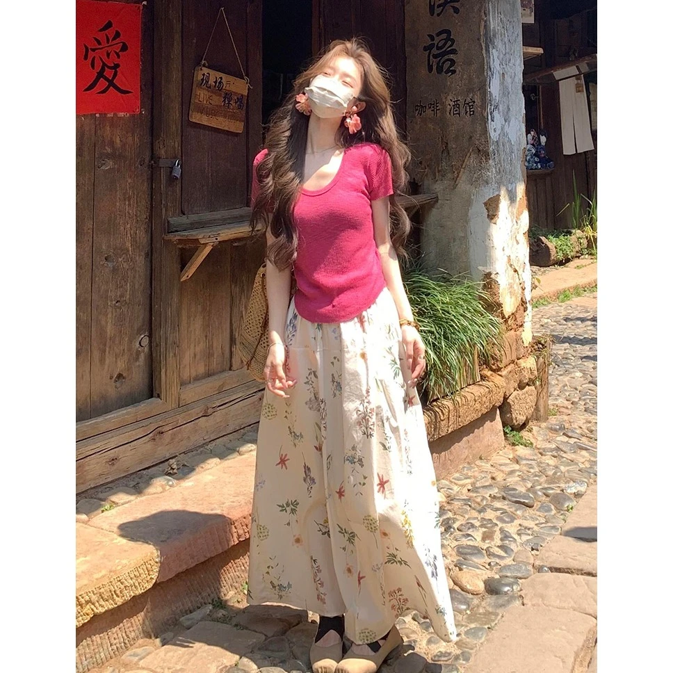 气质温柔风减龄时髦时尚洋气高级感玫红色上衣半身裙两件套装女夏