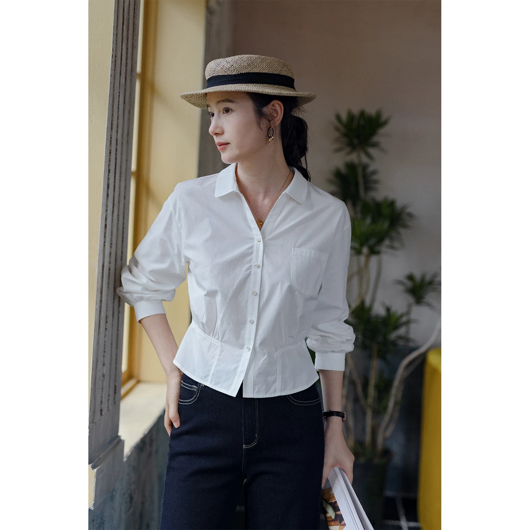红念白色纯棉衬衣女长袖修身显瘦设计感2025秋季新款女装气质上衣