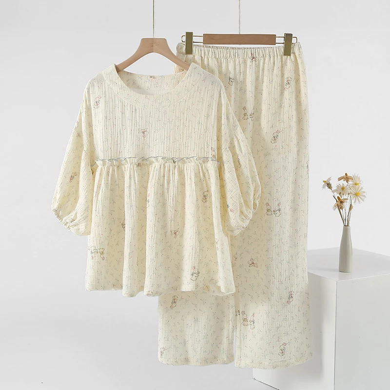 套装春夏秋季七分袖休闲甜美圆领九分裤甜美简约家居服睡衣