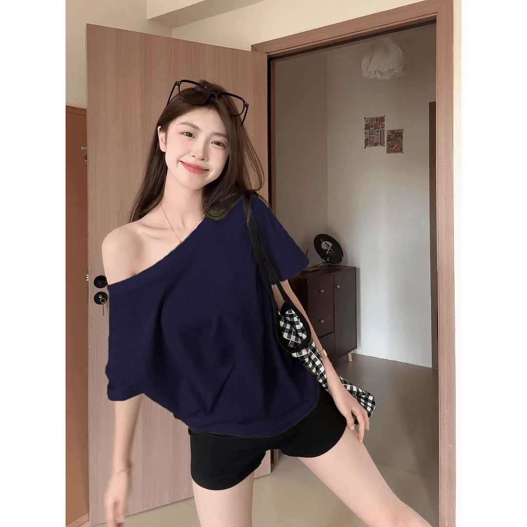 辣妹斜肩短袖修身露肩T恤女装夏季紧身显瘦打底衫常规百搭上衣ins