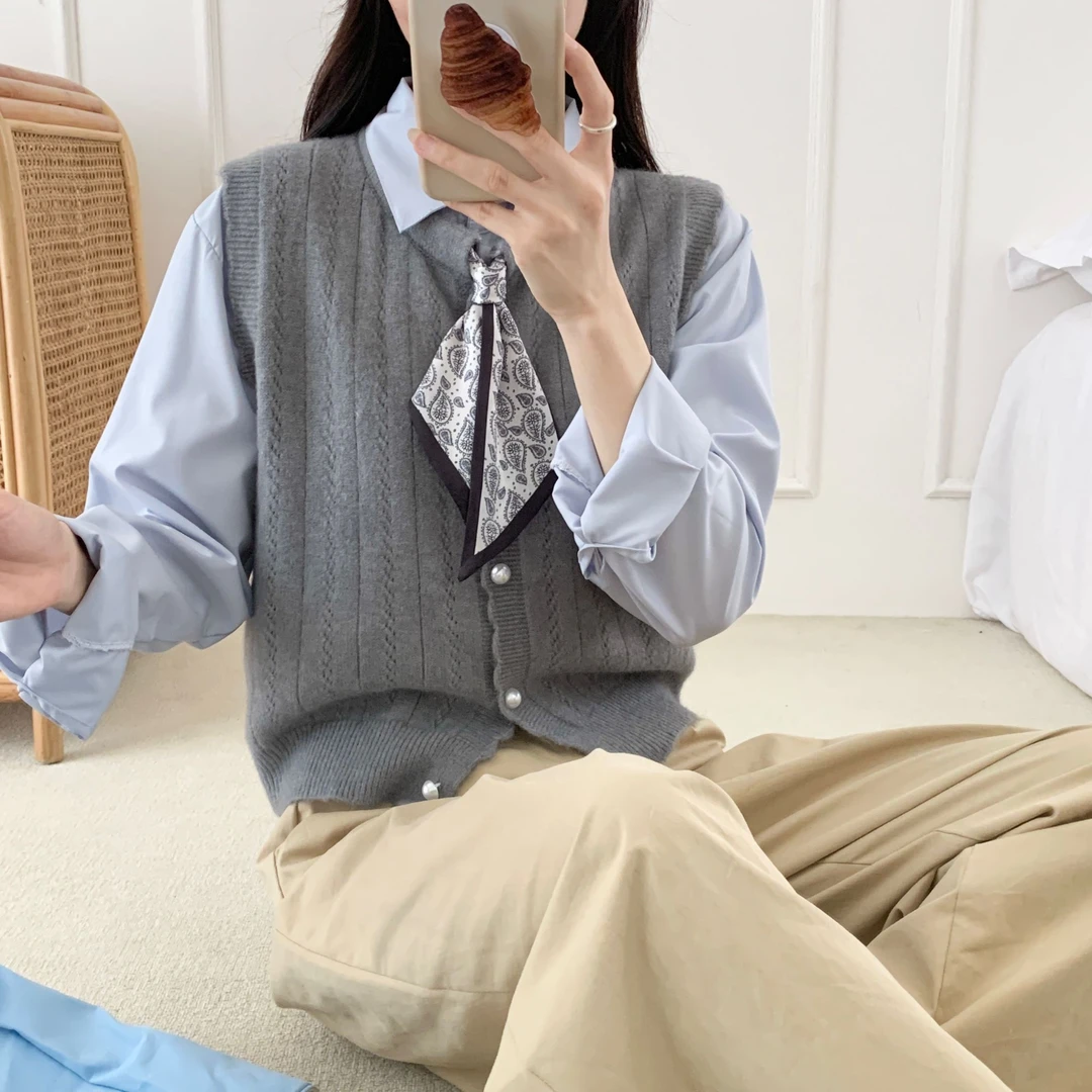 韩系简约休闲针织马甲长袖衬衣女小众设计感外穿小个子秋季两件套
