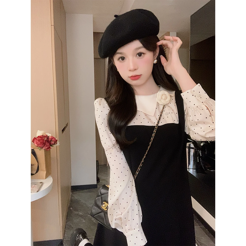 【年末青仓】小奶盖 不对称翻领山假两件小黑裙 80092