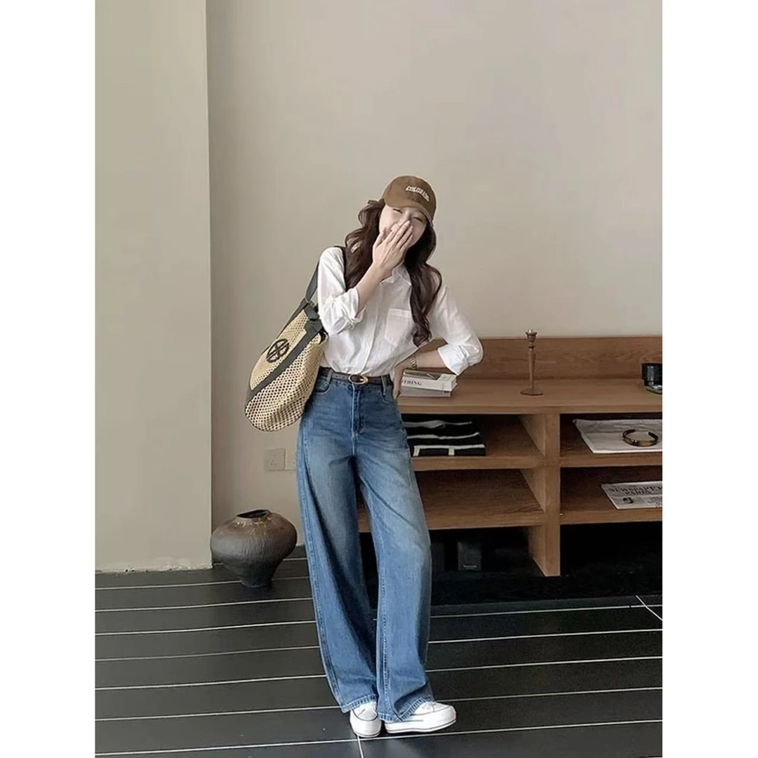 【现货+运费险】早秋新款牛仔裤女窄版弯刀裤宽松复古蓝女款