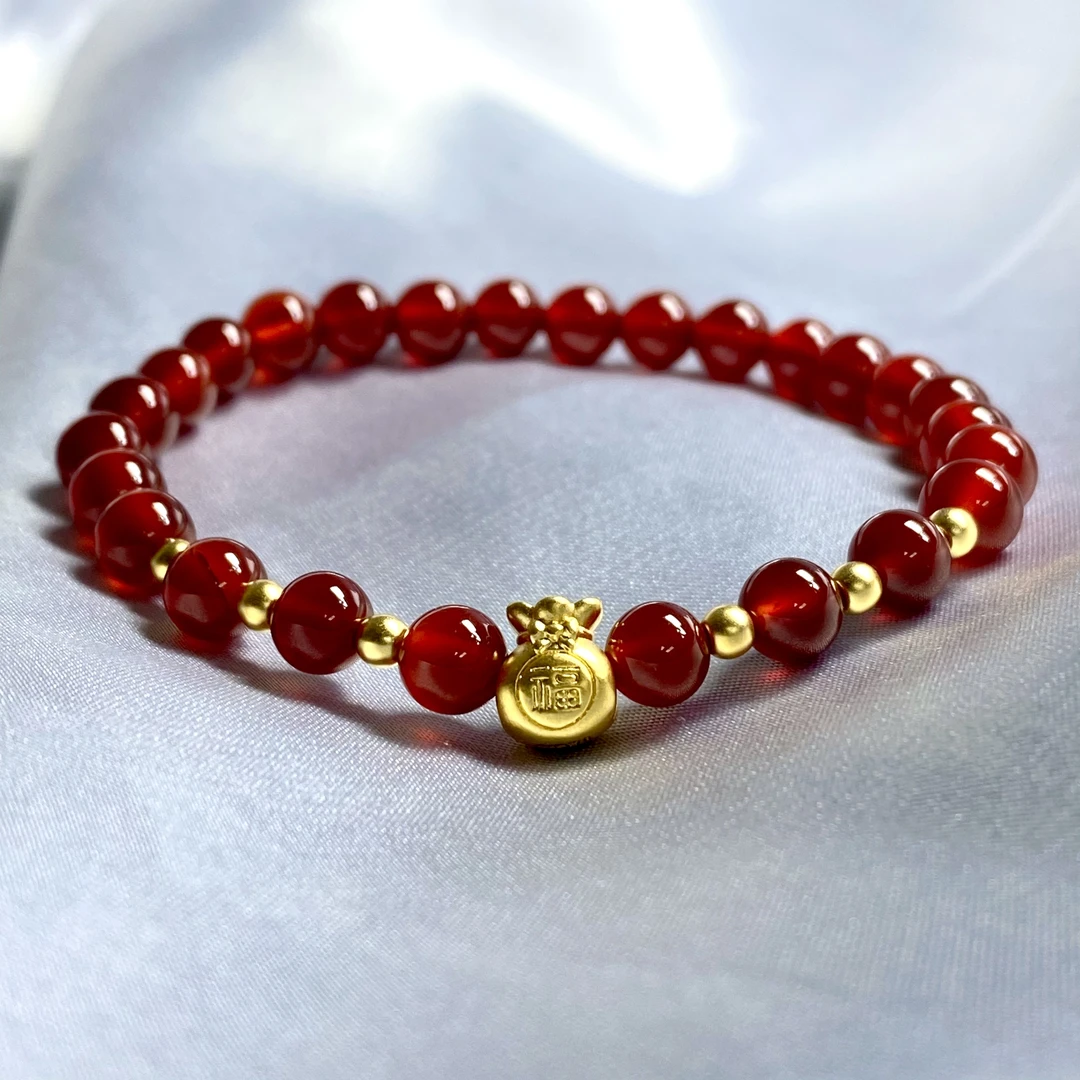 【黄金矿工】足金999福袋+卡3mm古法6颗编好 红玛 瑙手串@@A202