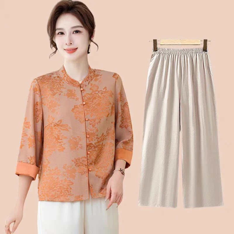 9524-【上衣+裤子】夏季新款新中式国风气质妈妈装开衫上衣套装A仓