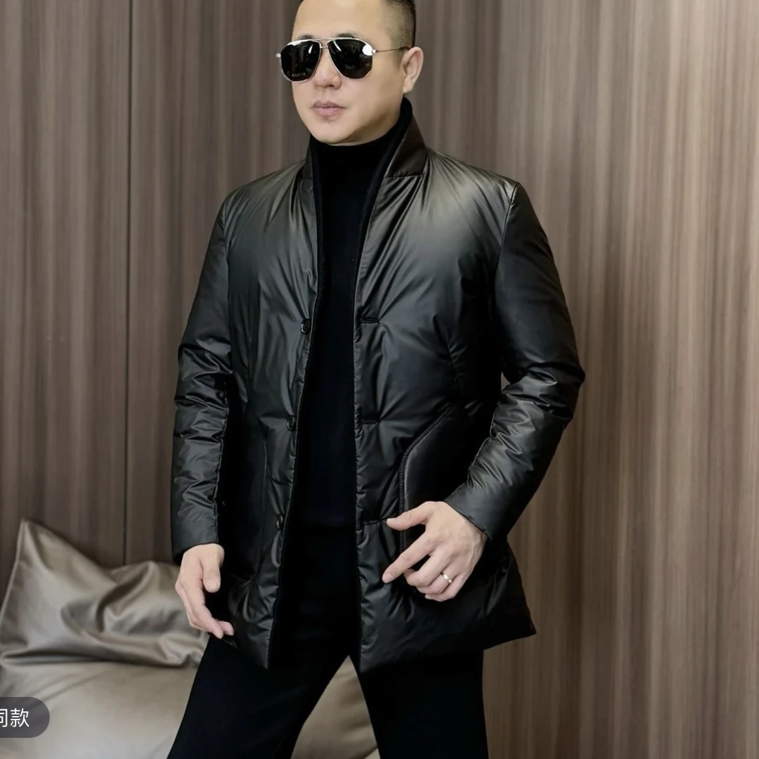 男装冬季男士哑光免洗面料羽绒西服立领一手长羽绒服21060