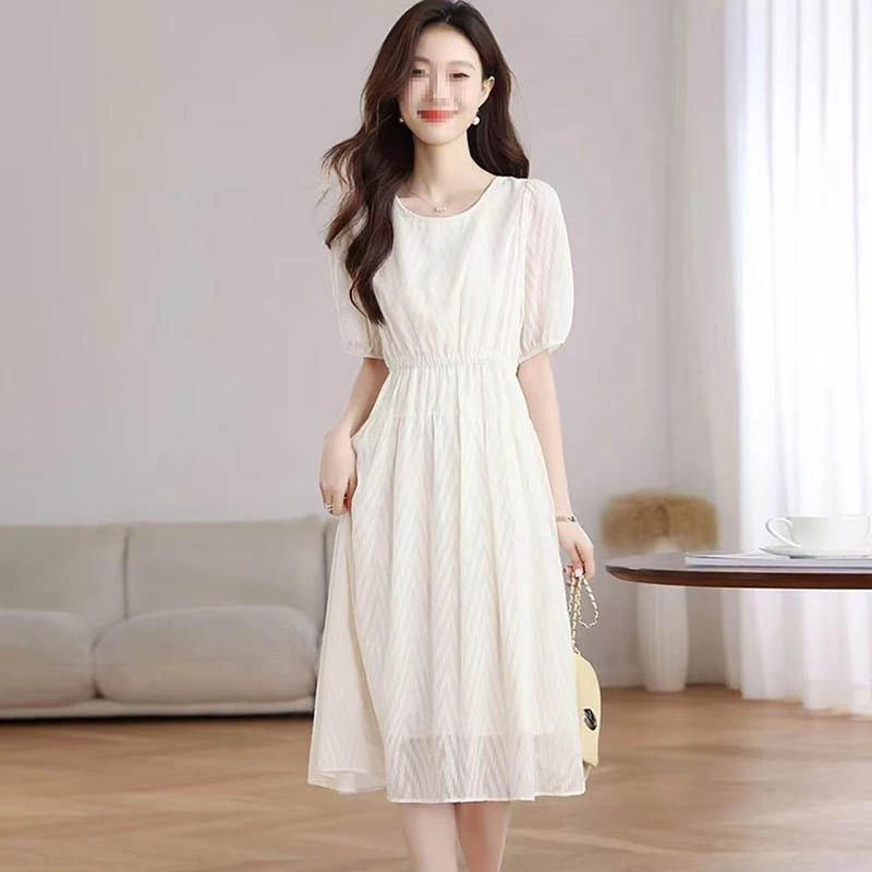 S801-S900 雪纺连衣裙气质女夏季新款小个子圆领优雅修身显瘦收腰