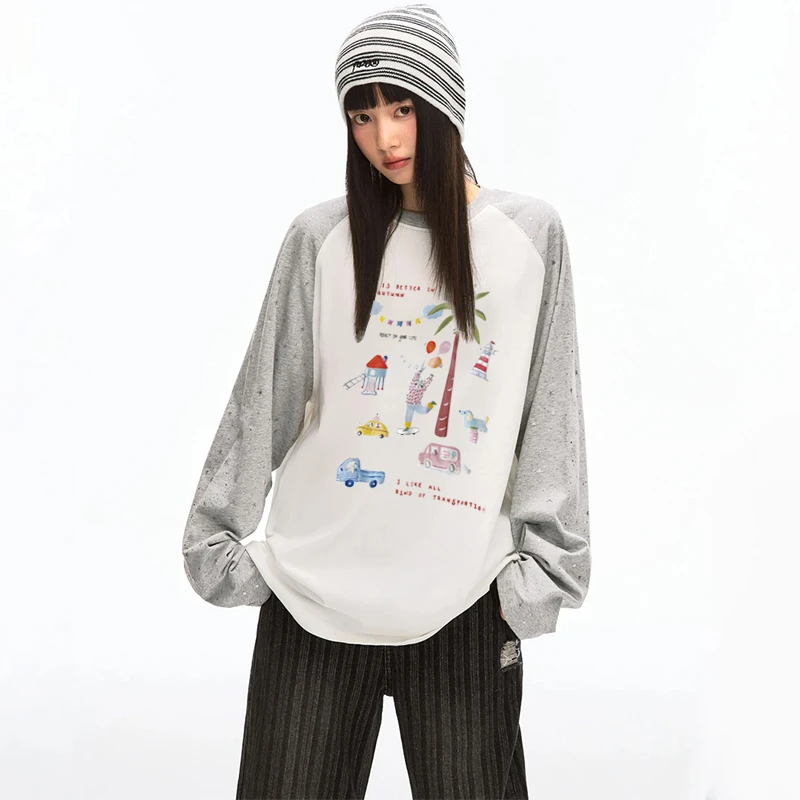 秋季超大码星星亮片长袖美式印花T恤中性风男女同款宽松长袖T恤