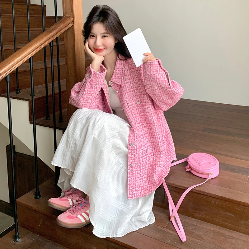 粉色甜美小香风休闲外套女短款2025春新款高级感洋气通勤翻领上衣