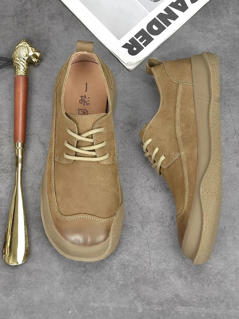 头层牛皮春夏系带男鞋宽头休闲皮鞋复古百搭软皮软底单鞋子男宽脚