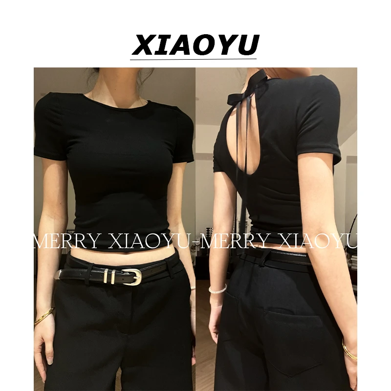 小鱼【时髦秘密】松弛感蝴蝶结露背修身短款T恤正肩显瘦上衣