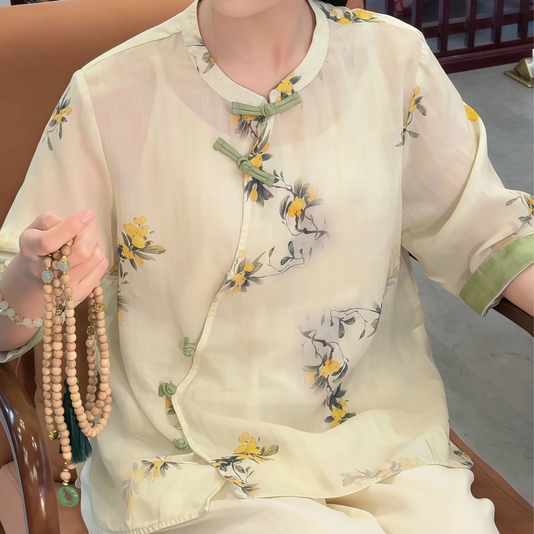 沅曼【枇杷小衫】夏季苎麻套装新中式复古国风开衫文艺国风防晒衬衫