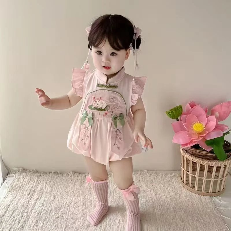 女婴儿宝宝衣服A类绣花中国风夏季哈衣无袖爬服旗袍短裙连体衣