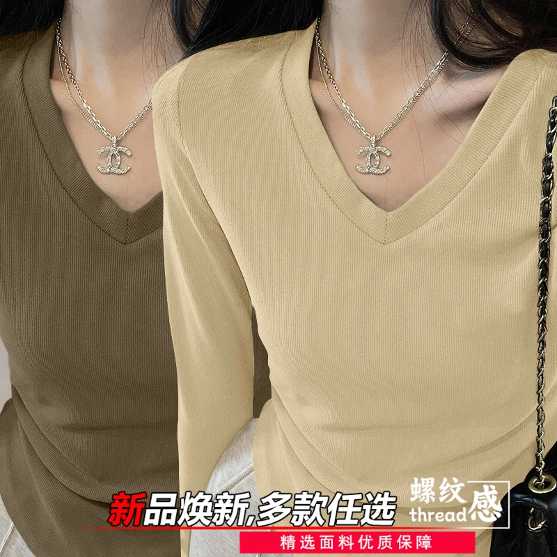 秋冬季螺纹德绒长袖上衣女士洋气新款百搭加绒V领遮肉保暖打底衫