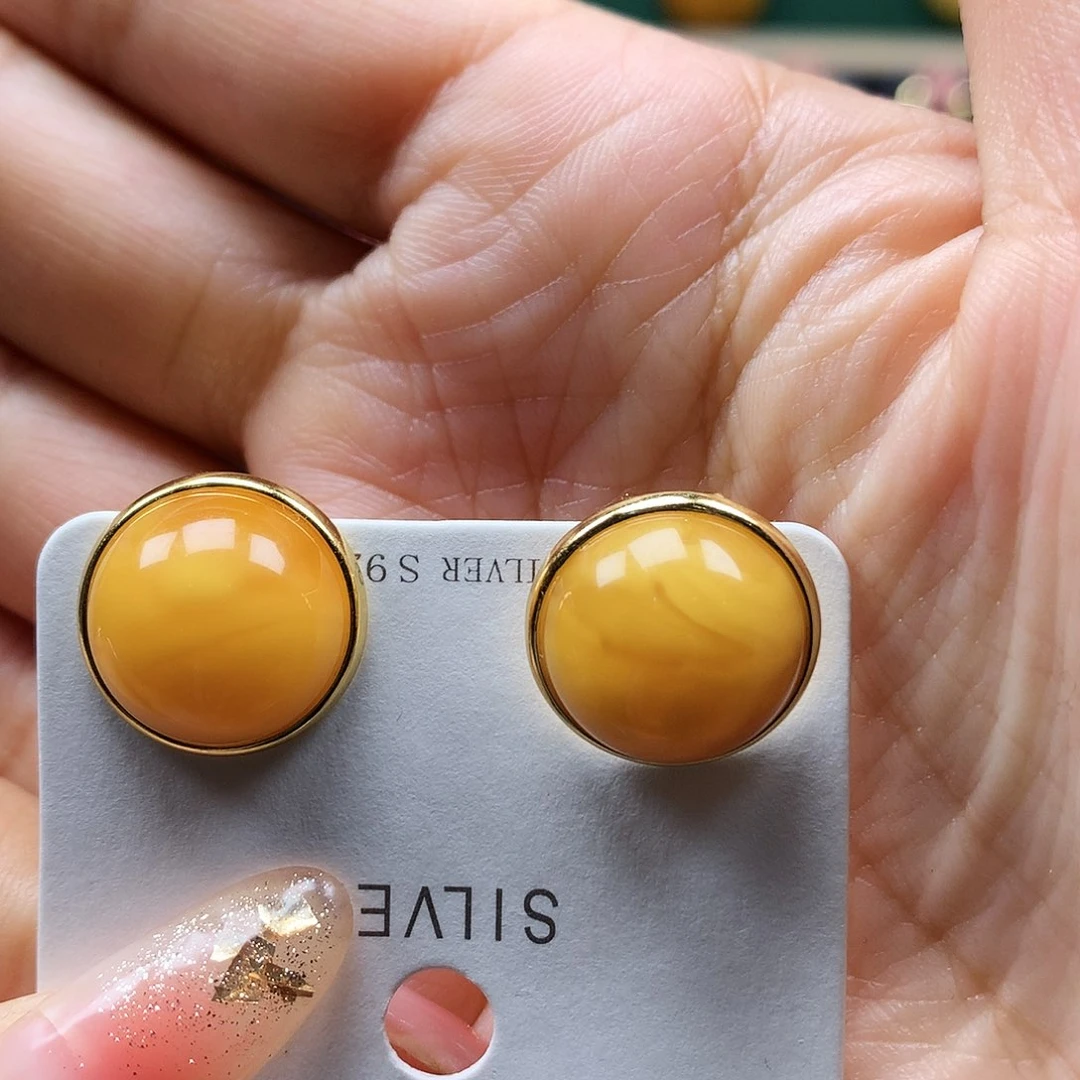 蜜蜡耳饰银S925镶嵌耳钉