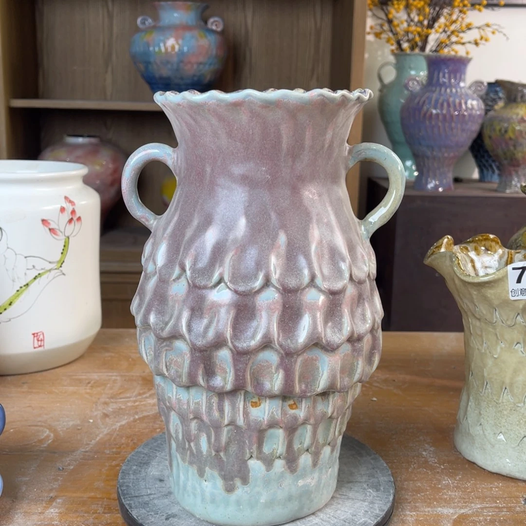 摆件陶瓷花瓶高28口径9盘泥微瑕