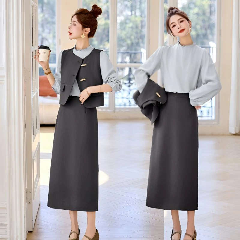 三件套时尚套装2025春季新款衬衣外穿内搭西装气质马甲半身裙显瘦