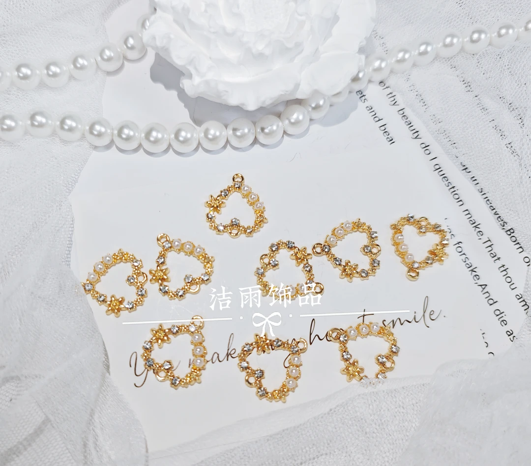 (洁雨饰品 DIY)  P444 金底双吊爱心仿珍珠保色吊坠