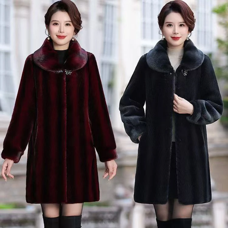 冬季新款高档连帽貂绒大衣女中长款大码加厚保暖宽松中老年妈妈装