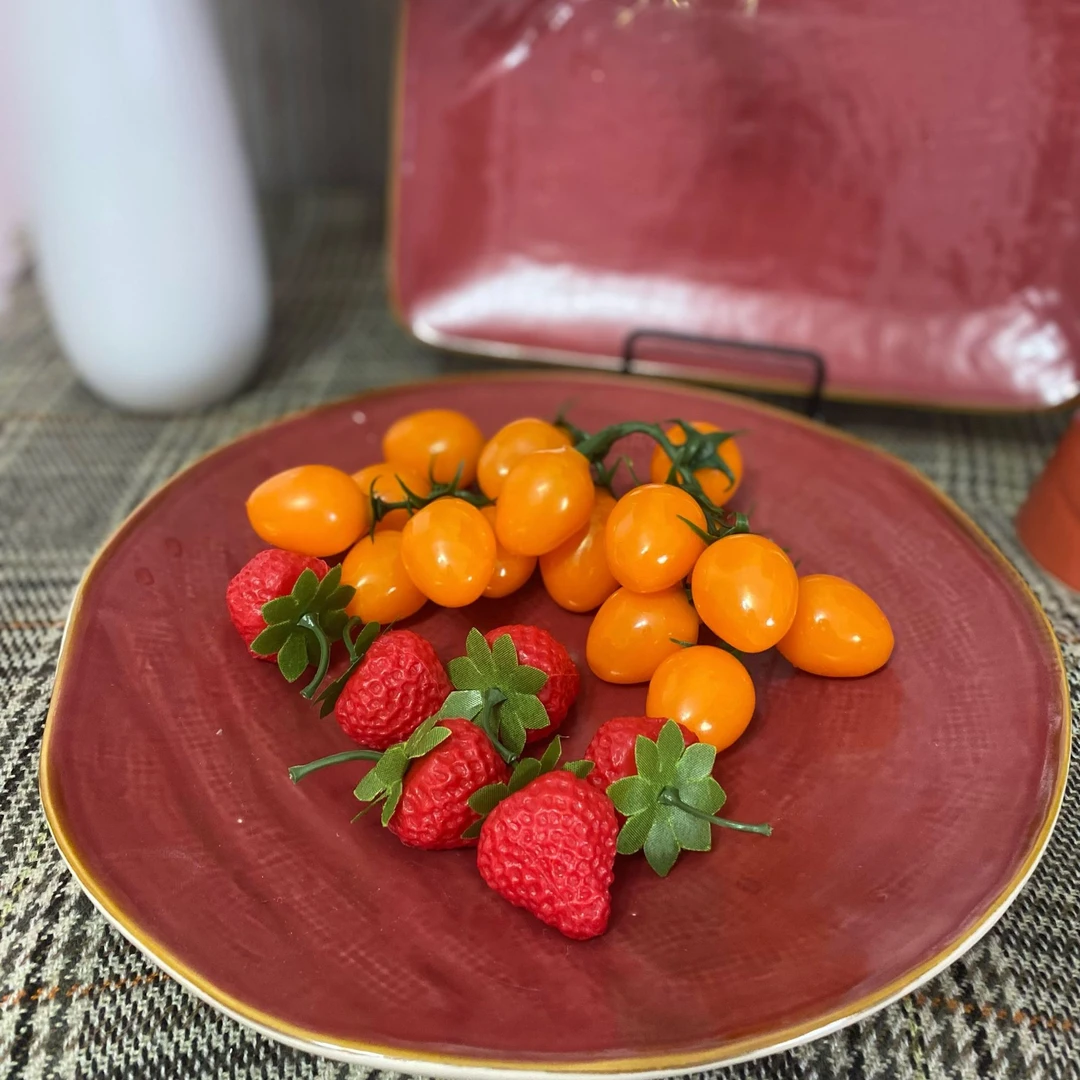 欧式复古异形深红粗陶西餐盘点心盘10.5英寸