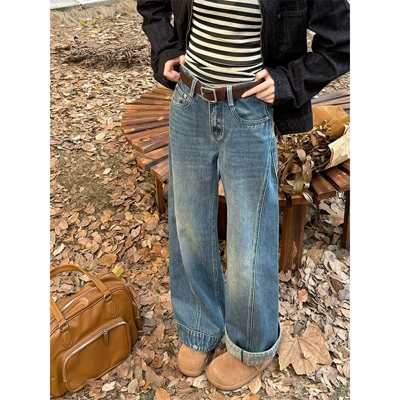 秋季新款美式复古蓝阔腿裤2025百搭修身通勤显瘦宽松直筒牛仔裤女