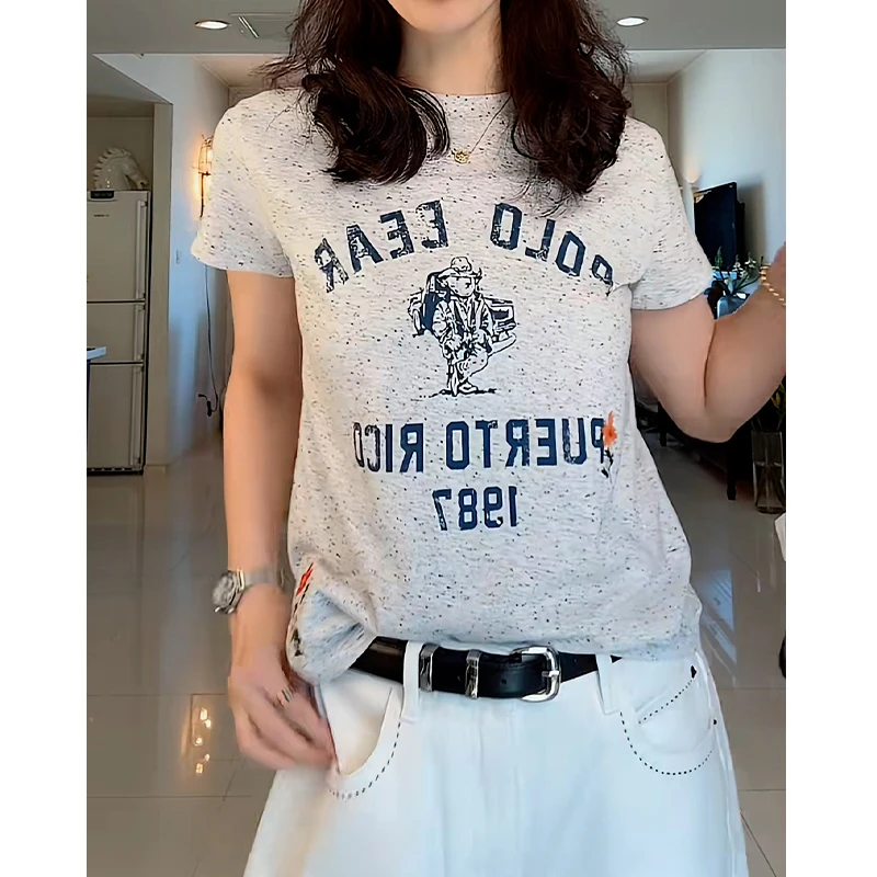 高含棉时尚韩版字母印花短袖t恤女2025夏季新款修身显瘦正肩上衣