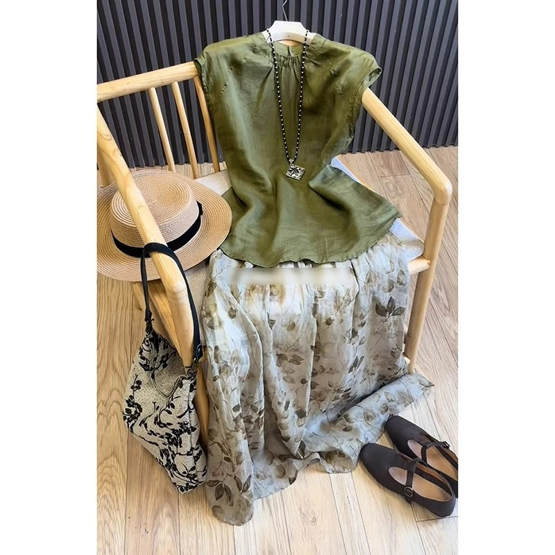 新中式国风搭配一整套女夏季时尚复古无袖衬衫上衣半身裙两件套装