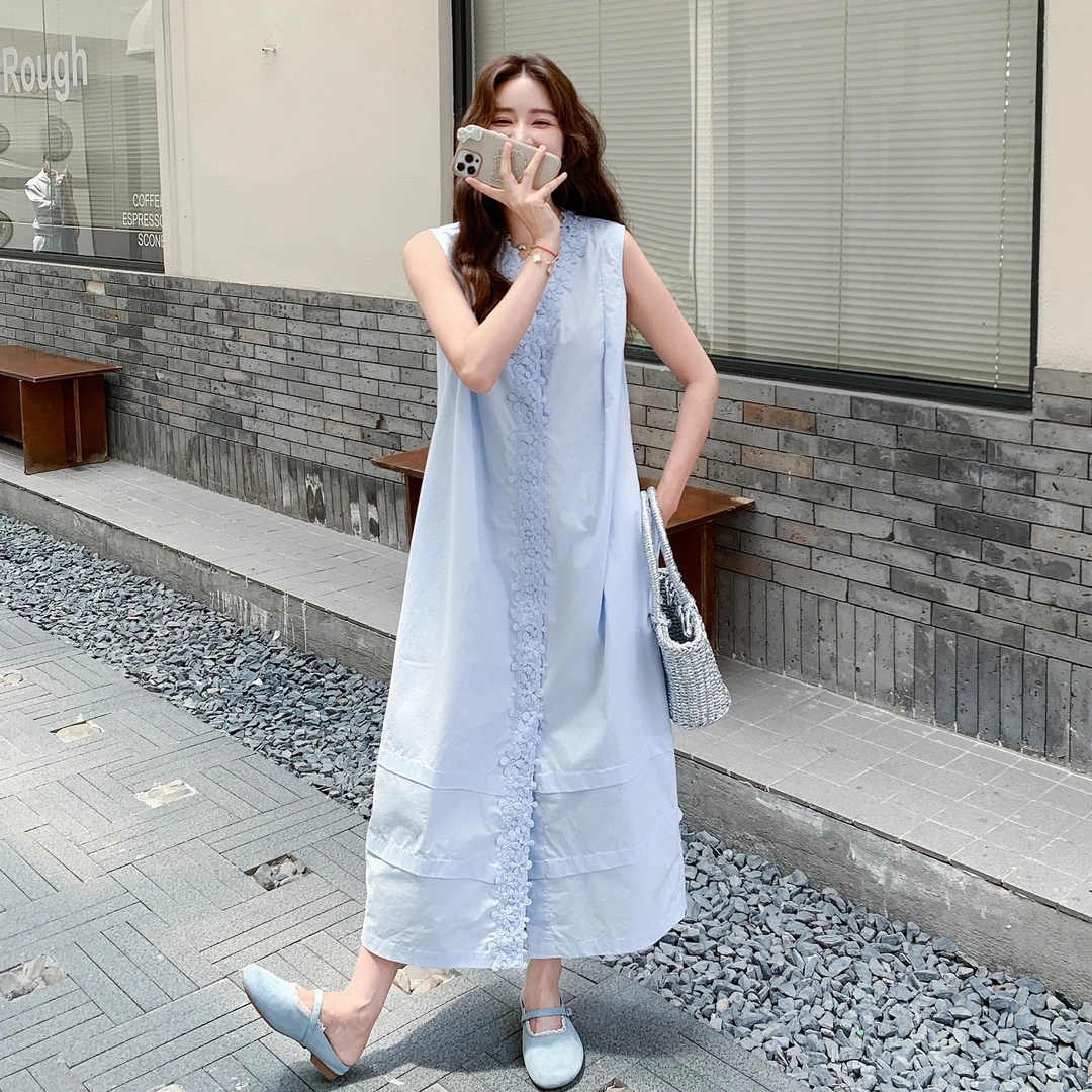 蓝色无袖背心连衣裙女夏2025新款森系文艺小清新宽松显瘦a字长裙