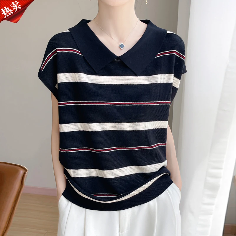 哥弟阿玛施正品夏季新款POLO领条纹飞飞袖拼色针织短袖设计感上衣
