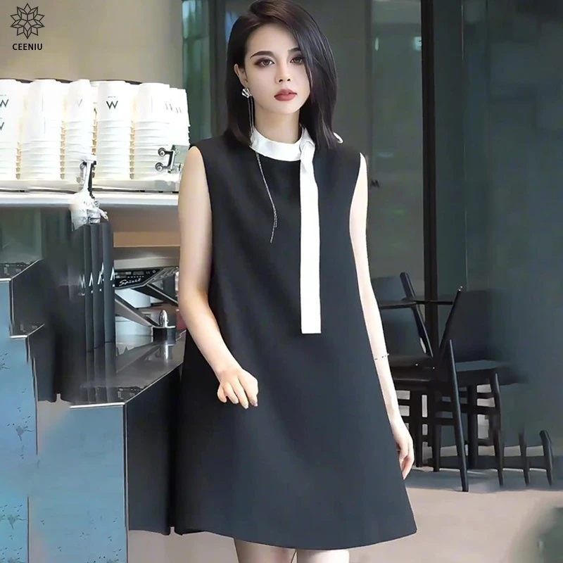 CEENIU法式气质黑色简约个性飘带设计感裙子夏季无袖中长款连衣裙