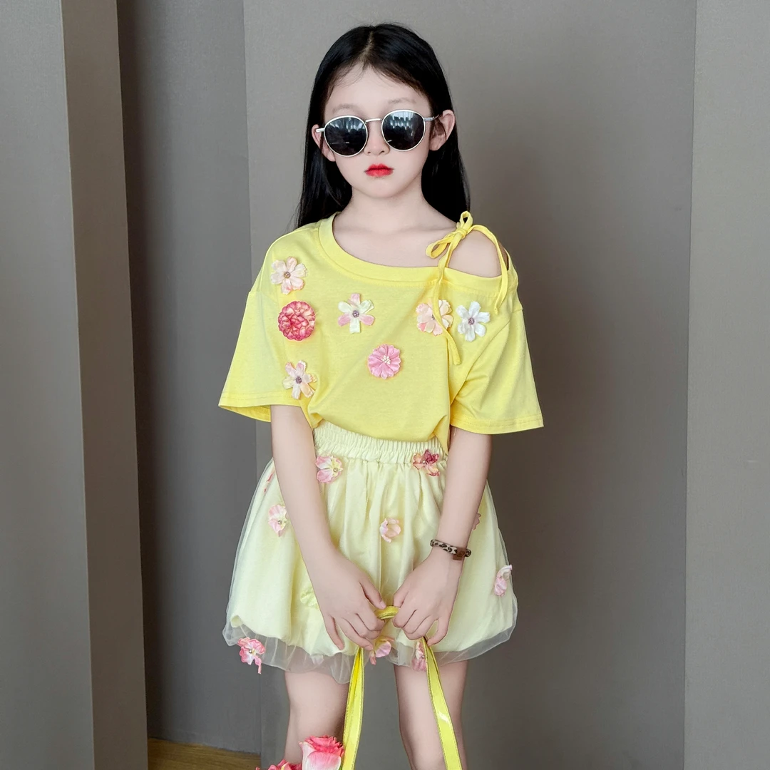 女童夏季2025新款薄款韩版甜美可爱洋气个性设计上衣小裙子两件套