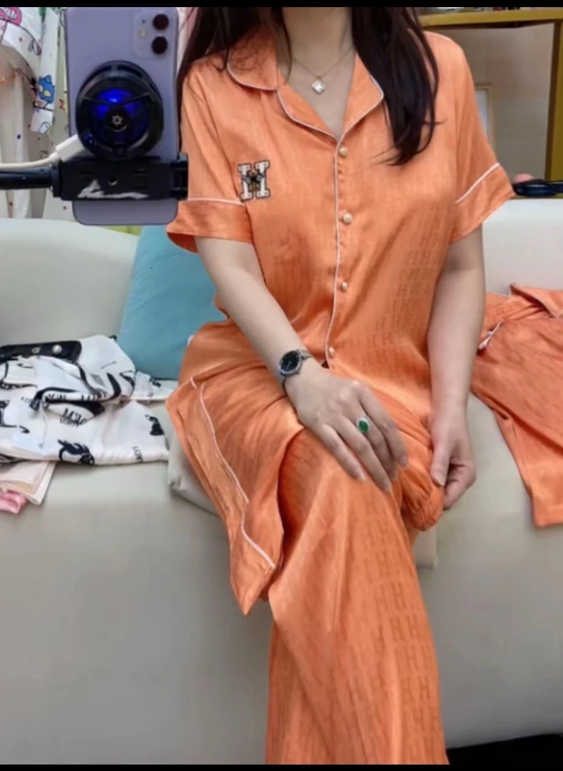 （短袖三件套）夏季带胸垫睡衣女款冰雪柔光丝高端家居服