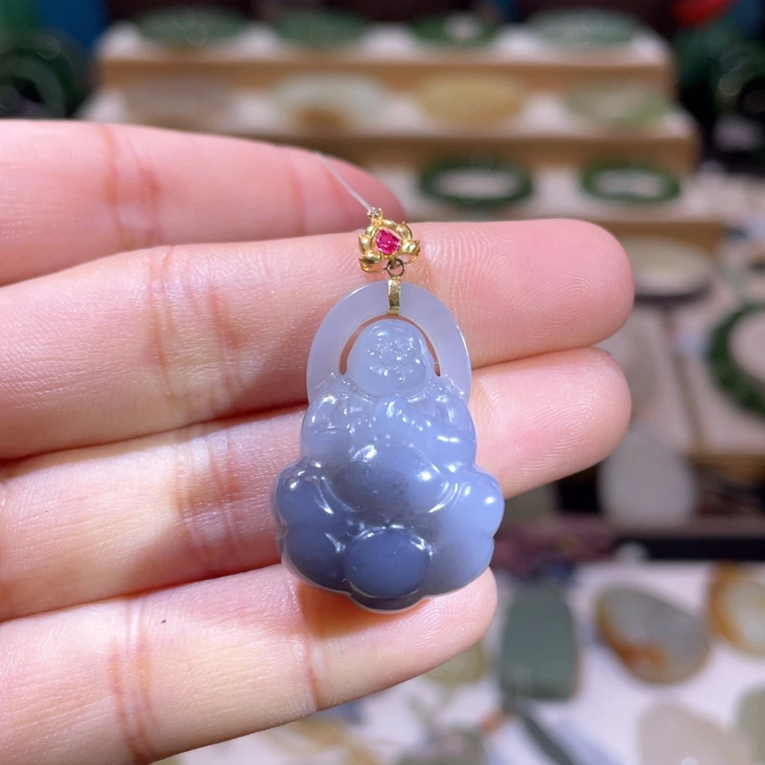 和田玉高品18Ｋ烟紫佛公18K金镶嵌