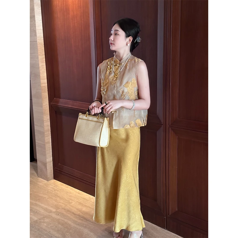 2025春夏新款复古新中式网纱刺绣无袖马甲上衣气质高腰缎面半身裙