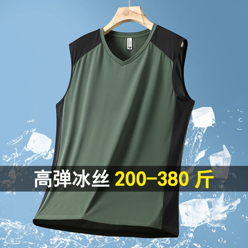 大码冰丝无袖背心男新款宽松跑步运动加肥加大胖子v领短袖夏300斤