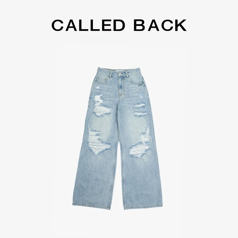 CALLED BACK新款高街复古休闲高腰修身蓝色水洗破洞牛仔裤051711