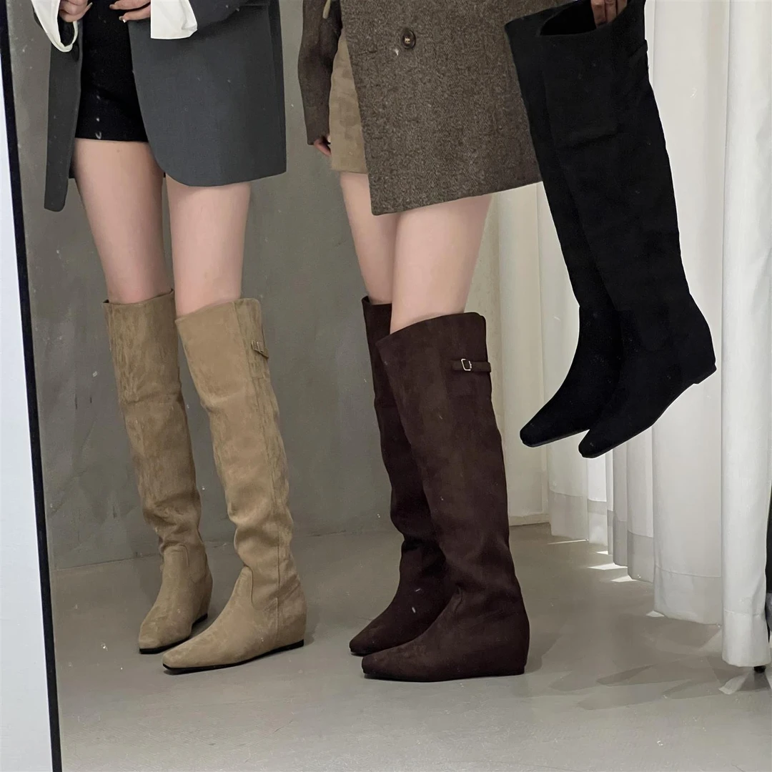 方头复古绒面磨砂长靴女平底皮带扣过膝靴褶皱套脚堆堆靴